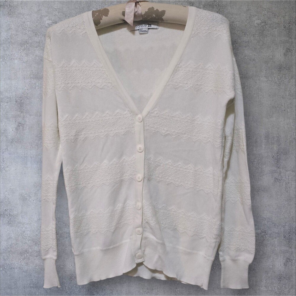Forever 21 Women's Button Up V-neck Long Sleeve KnitSweater, Cream/Ivory, Size S
